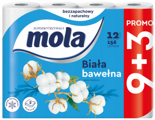 Papier toaletowy MOLA 9+3 Bawełniana Biel worek 60 rolek