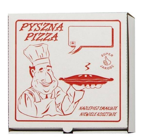 Pudełko na pizzę "Pyszna Pizza" 28x28x4 białe kwadratowe 100 sztuk